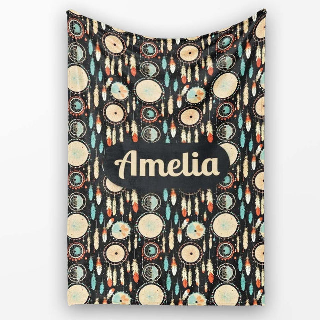 Dark Tribal Dreamcatcher Feathers Boho Seamless Pattern Name Cute  Personalised Custom Name Super Soft Fleece Blanket Bed Sofa Throw