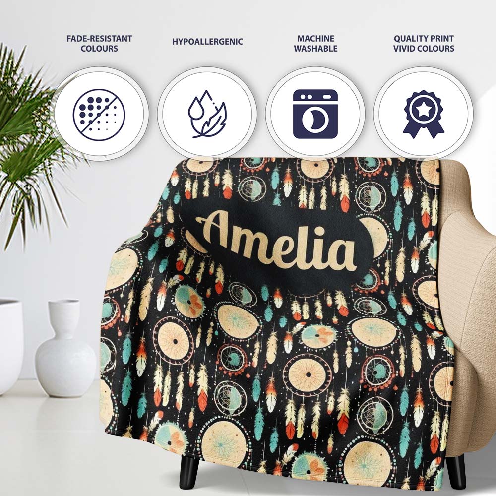 Dark Tribal Dreamcatcher Feathers Boho Seamless Pattern Name Cute  Personalised Custom Name Super Soft Fleece Blanket Bed Sofa Throw