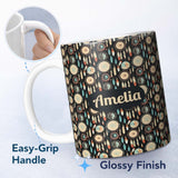 Personalized Custom Name Dark Tribal Dreamcatcher Feathers Boho Seamless Pattern Name Cute 11oz Ceramic Coffee Tea Mug White Large Handle