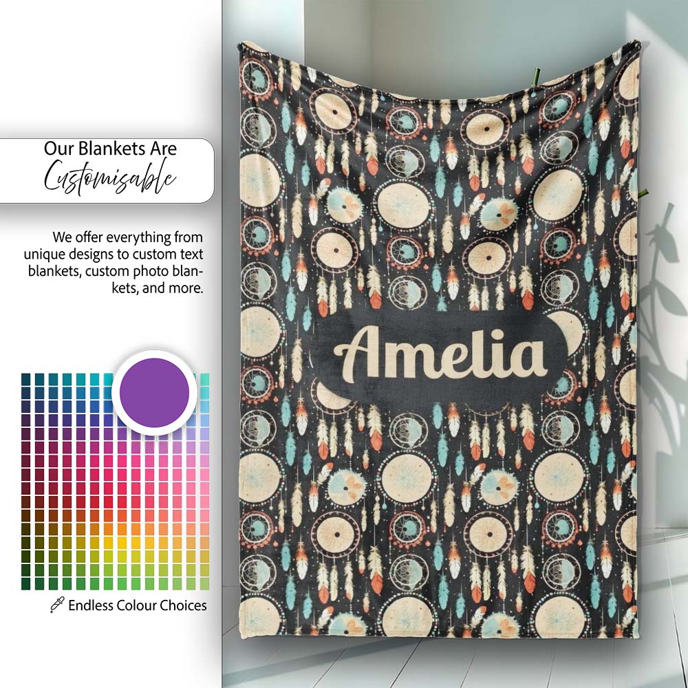 Dark Tribal Dreamcatcher Feathers Boho Seamless Pattern Name Cute  Personalised Custom Name Super Soft Fleece Blanket Bed Sofa Throw