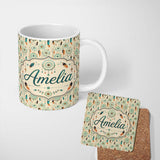 Personalized Custom Name Turquoise Dreamcatcher Feathers Bohemian Seamless Pattern Custom 11oz Ceramic Coffee Tea Mug White Large Handle