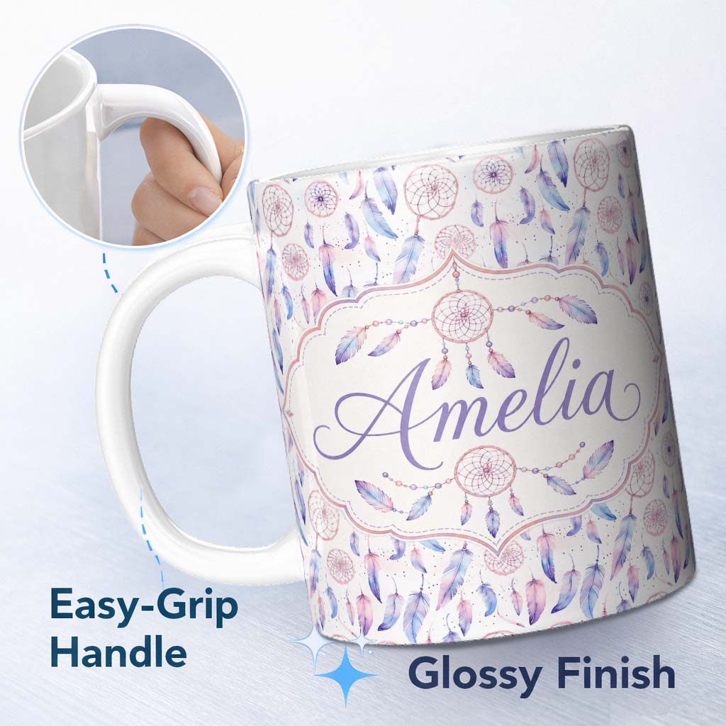 Personalized Custom Name Pastel Pink Purple Dreamcatcher Feathers Seamless Pattern Custom 11oz Ceramic Coffee Tea Mug White Large Handle