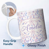 Personalized Custom Name Pastel Pink Purple Dreamcatcher Feathers Seamless Pattern Custom 11oz Ceramic Coffee Tea Mug White Large Handle