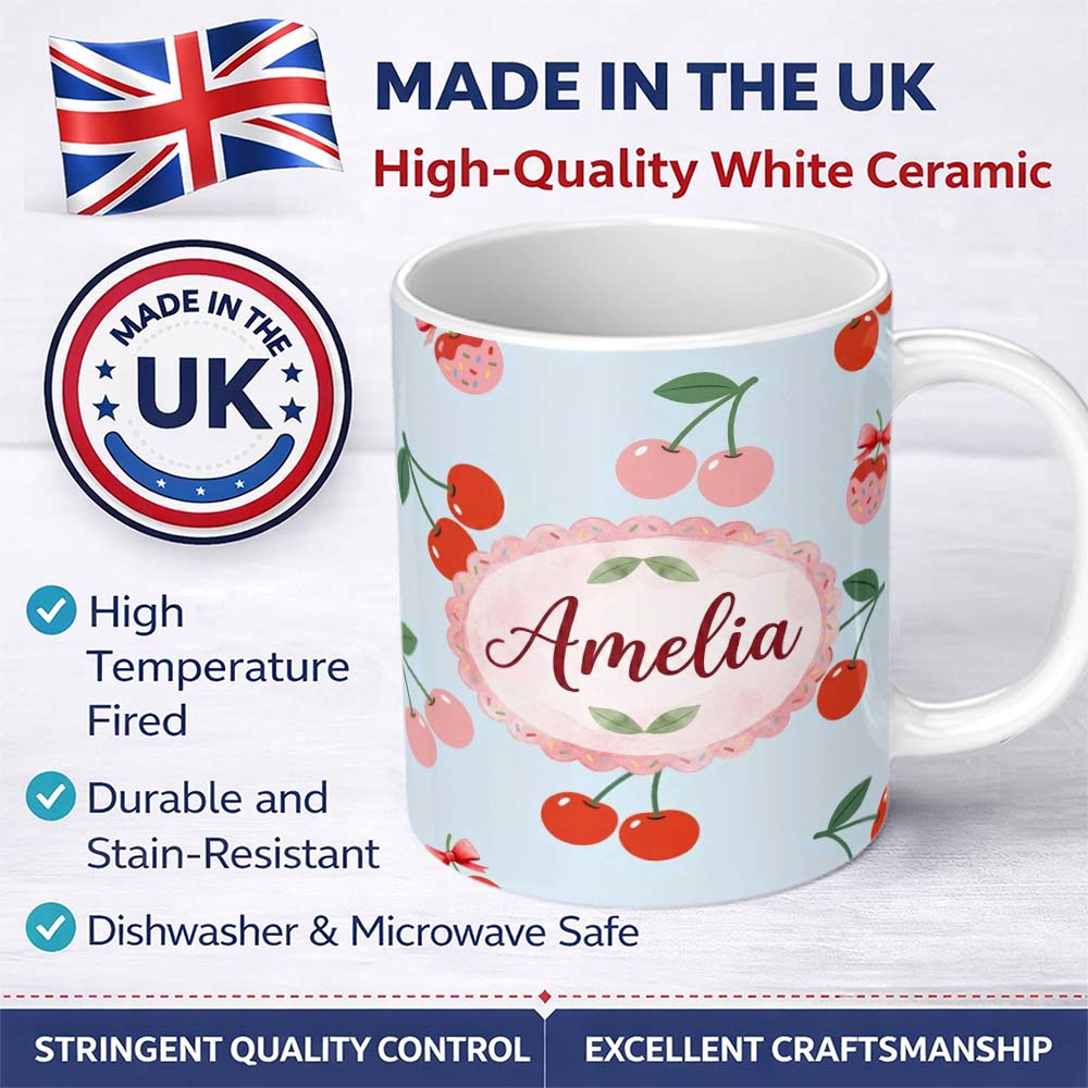 Personalized Custom Name Cute Cherry Fruit with Bow and Sprinkles Pattern Pastel Blue Lovely 11oz Ceramic Coffee Tea Mug White Large Handle