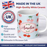 Personalized Custom Name Cute Cherry Fruit with Bow and Sprinkles Pattern Pastel Blue Lovely 11oz Ceramic Coffee Tea Mug White Large Handle
