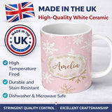 Personalized Custom Name Soft Pink Snowflake Winter Holiday Seamless Pattern Cute Unique Gift 11oz Ceramic Coffee Tea Mug White Large Handle