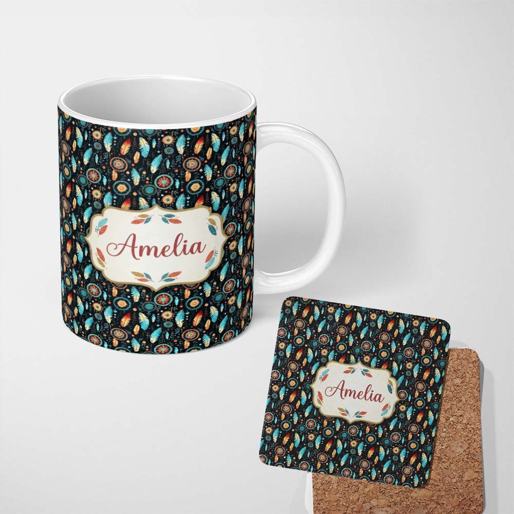 Personalized Custom Name Boho Floral Feathers Mandala Dark Seamless Pattern Name Cute Unique 11oz Ceramic Coffee Tea Mug White Large Handle