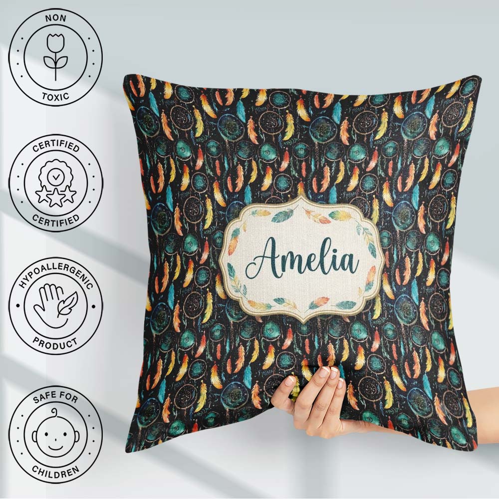 Custom Name Vibrant Tribal Feathers Dark Seamless Pattern Name Square Filled Cushion Throw Pillow Sofa Bed Home Decor Zip Washable UK Made