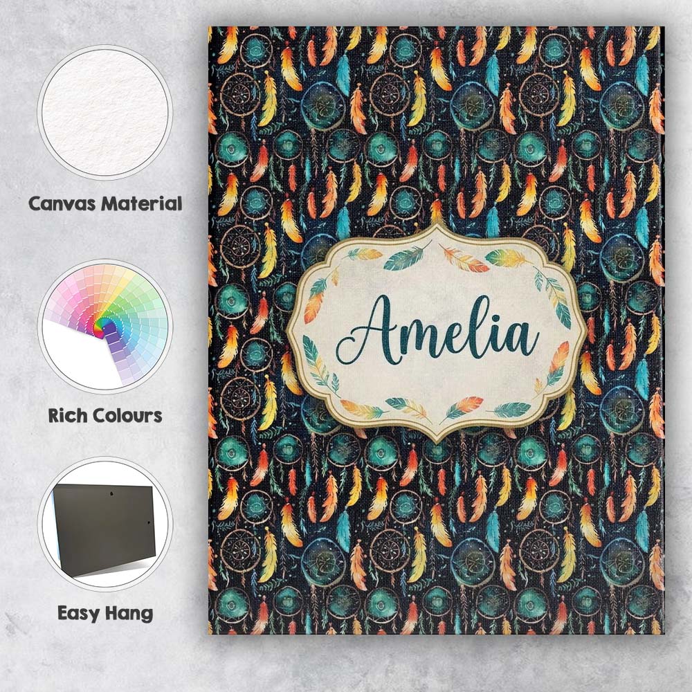 Personalised Name Vibrant Tribal Feathers Custom  Unique Gift Idea Elegant Feature Canvas Wall Art Print Decor Picture Ready to Hang
