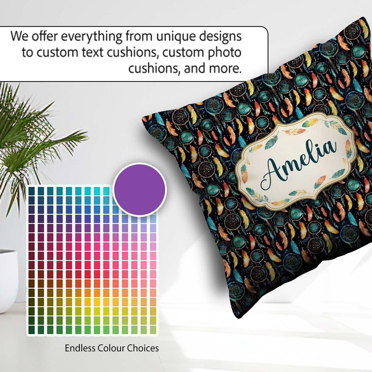 Custom Name Vibrant Tribal Feathers Dark Seamless Pattern Name Square Filled Cushion Throw Pillow Sofa Bed Home Decor Zip Washable UK Made