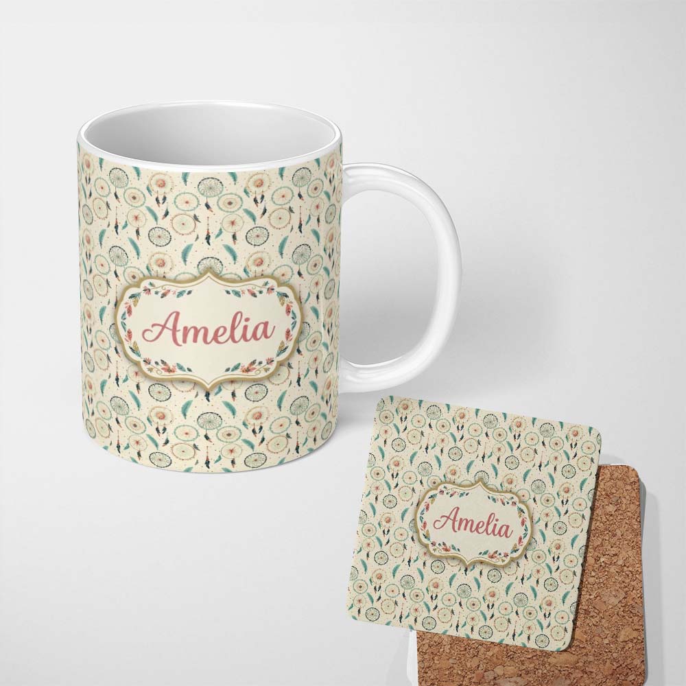 Personalized Custom Name Minimal Dreamcatcher Feathers Soft Beige Seamless Pattern Custom 11oz Ceramic Coffee Tea Mug White Large Handle