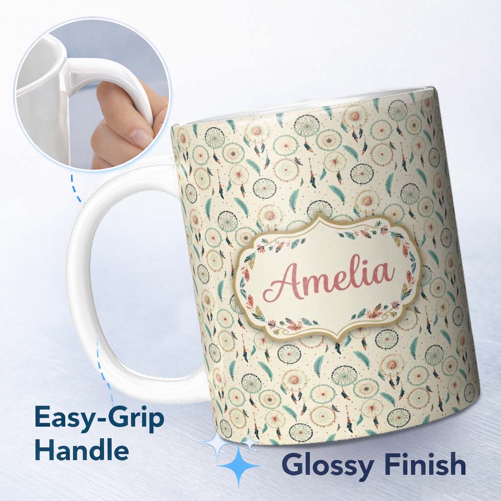 Personalized Custom Name Minimal Dreamcatcher Feathers Soft Beige Seamless Pattern Custom 11oz Ceramic Coffee Tea Mug White Large Handle