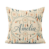 Custom Name Feathers Boho Tribal Pattern Soft Neutral Background Square Filled Cushion Throw Pillow Sofa Bed Home Decor Zip Washable UK Made