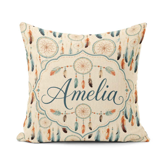 Custom Name Feathers Boho Tribal Pattern Soft Neutral Background Square Filled Cushion Throw Pillow Sofa Bed Home Decor Zip Washable UK Made