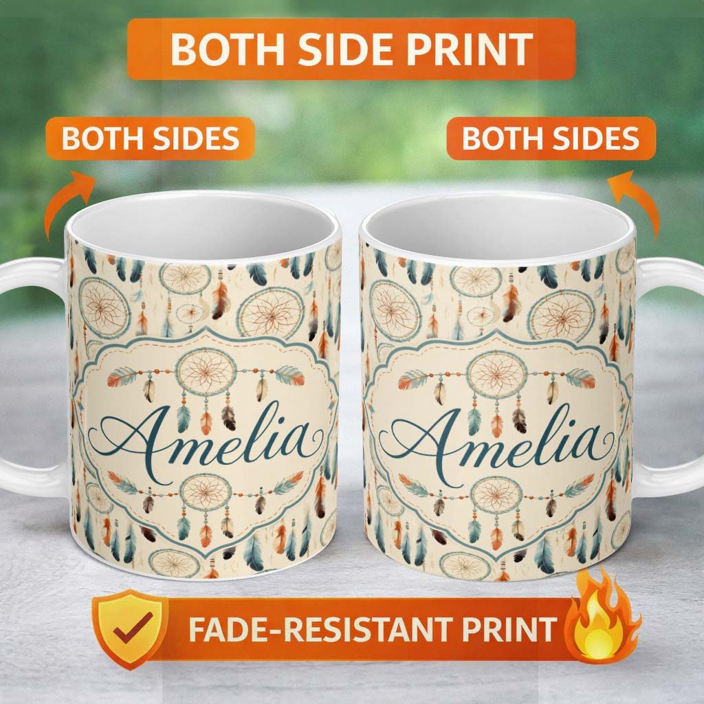 Personalized Custom Name Dreamcatcher Feathers Boho Tribal Pattern Soft Neutral Background 11oz Ceramic Coffee Tea Mug White Large Handle