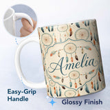 Personalized Custom Name Dreamcatcher Feathers Boho Tribal Pattern Soft Neutral Background 11oz Ceramic Coffee Tea Mug White Large Handle
