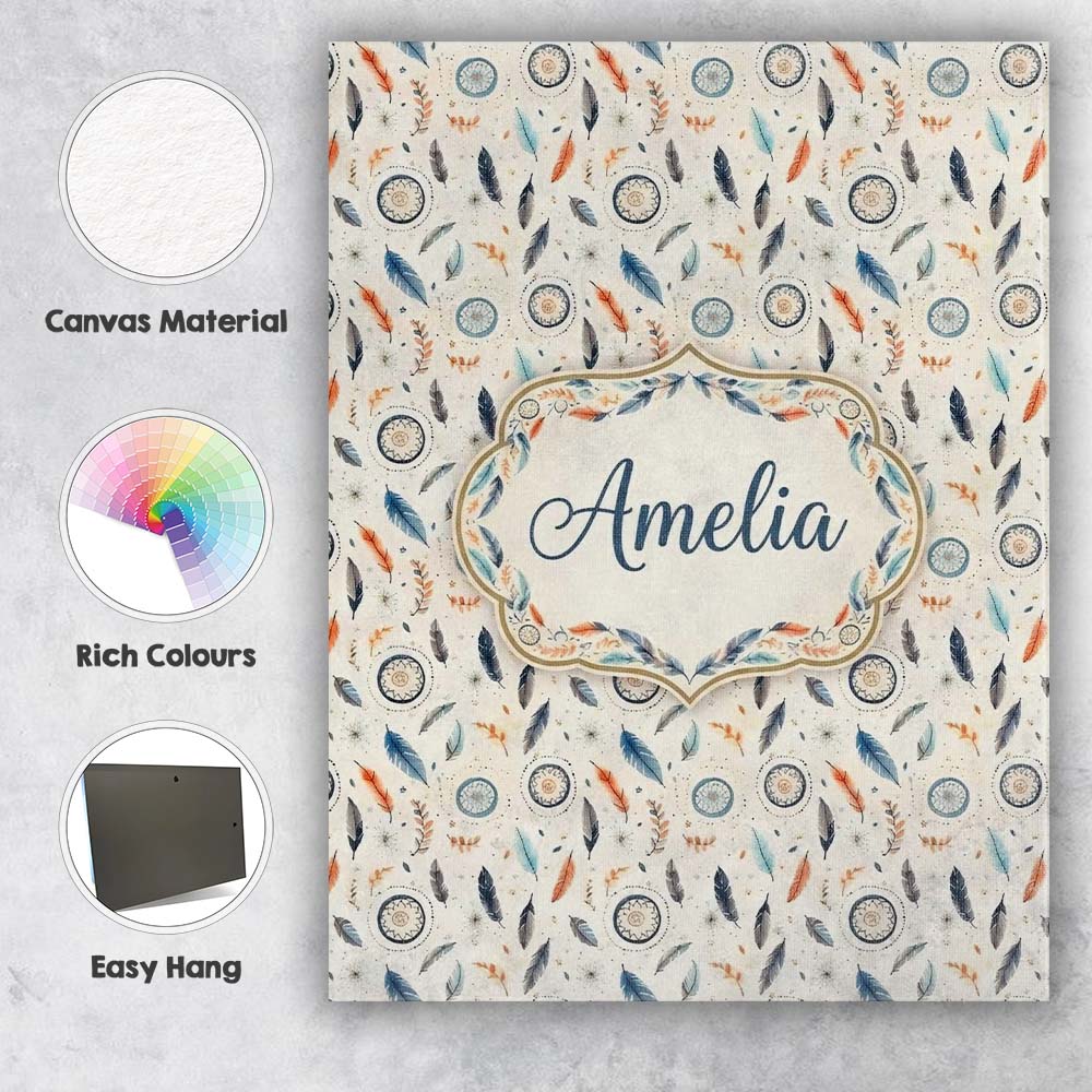 Personalised Name Boho Feathers Leaves Custom  Modern Room Accent Elegant Feature Canvas Wall Art Print Decor Picture Ready to Hang