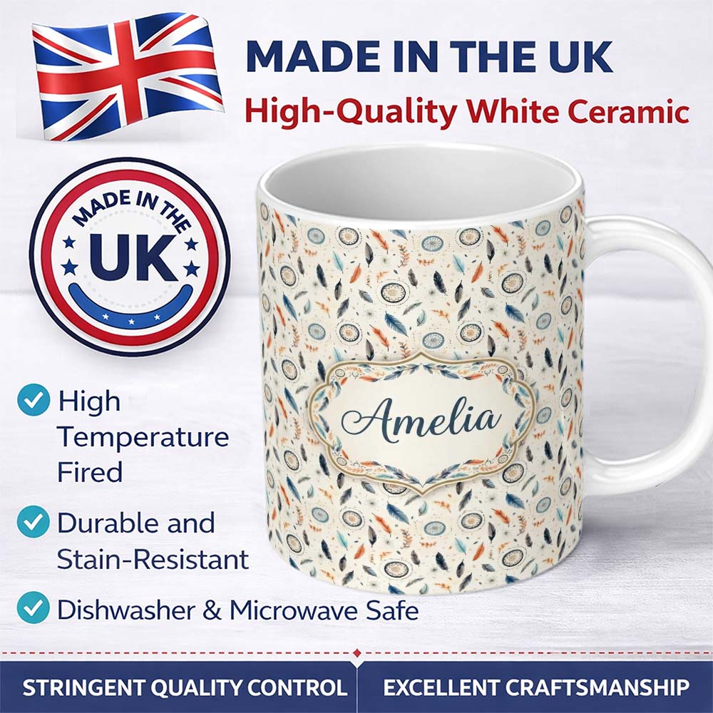 Personalized Custom Name Boho Feathers Leaves Tribal Elements Seamless Pattern Cream 11oz Ceramic Coffee Tea Mug White Large Handle