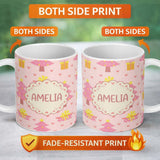 Personalized Custom Name Pink Christmas Tree Gift Box Heart Seamless Pattern Cute Unique Gift 11oz Ceramic Coffee Tea Mug White Large Handle