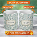 Personalized Custom Name Cute Husky Dogs Floral Forest Pattern Soft Blue Background Name 11oz Ceramic Coffee Tea Mug White Large Handle
