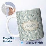 Personalized Custom Name Cute Husky Dogs Floral Forest Pattern Soft Blue Background Name 11oz Ceramic Coffee Tea Mug White Large Handle
