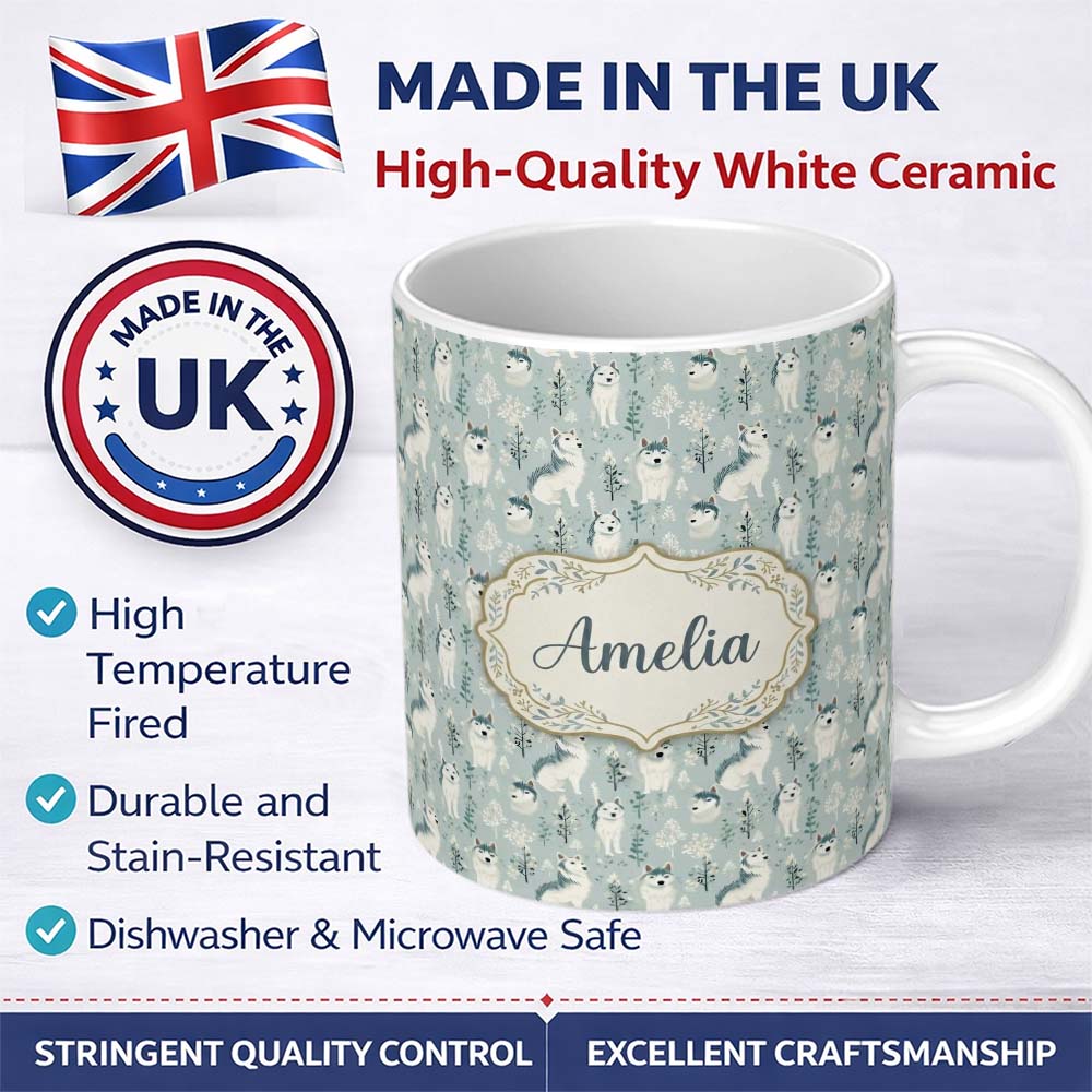 Personalized Custom Name Cute Husky Dogs Floral Forest Pattern Soft Blue Background Name 11oz Ceramic Coffee Tea Mug White Large Handle