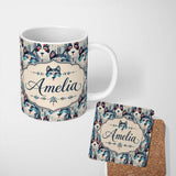 Personalized Custom Name Geometric Husky Dog Faces Tribal Style Seamless Pattern Name Cute 11oz Ceramic Coffee Tea Mug White Large Handle