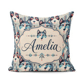 Custom Name Geometric Husky Dog Faces Tribal Style Seamless Name Square Filled Cushion Throw Pillow Sofa Bed Home Decor Zip Washable UK Made