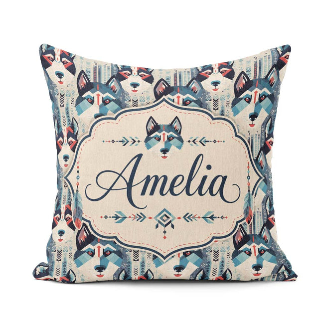 Custom Name Geometric Husky Dog Faces Tribal Style Seamless Name Square Filled Cushion Throw Pillow Sofa Bed Home Decor Zip Washable UK Made