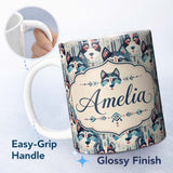 Personalized Custom Name Geometric Husky Dog Faces Tribal Style Seamless Pattern Name Cute 11oz Ceramic Coffee Tea Mug White Large Handle