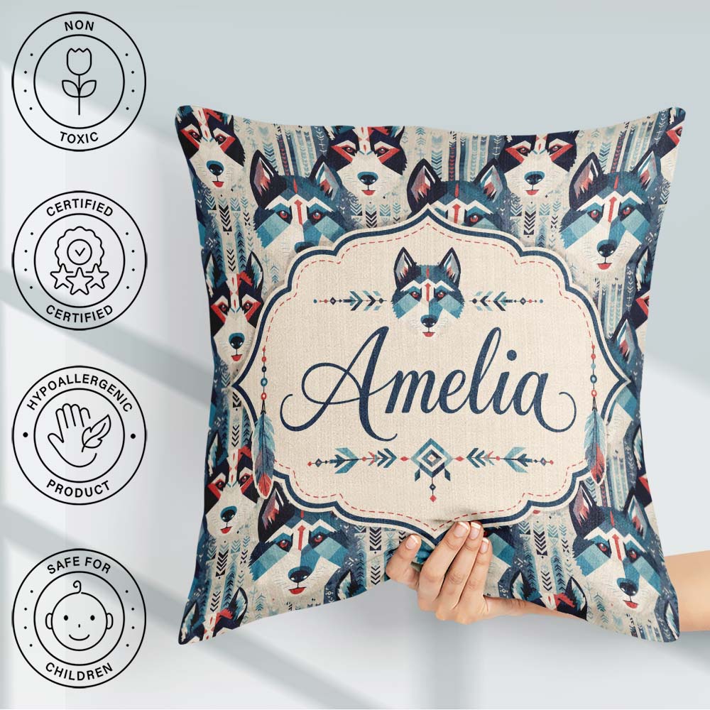 Custom Name Geometric Husky Dog Faces Tribal Style Seamless Name Square Filled Cushion Throw Pillow Sofa Bed Home Decor Zip Washable UK Made