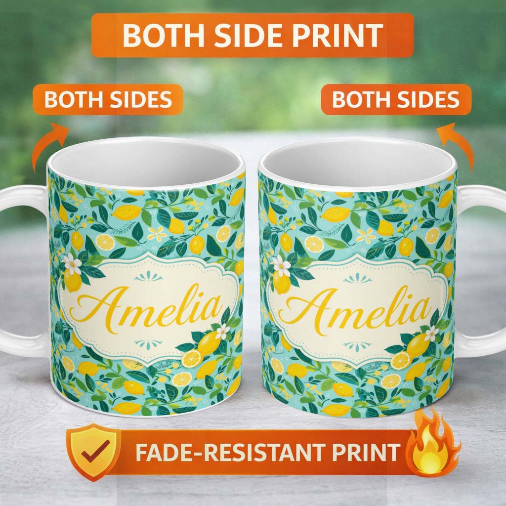 Personalized Custom Name Fresh Lemon and Leaf Scatter Pattern on Teal Background Seamless 11oz Ceramic Coffee Tea Mug White Large Handle