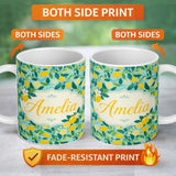 Personalized Custom Name Fresh Lemon and Leaf Scatter Pattern on Teal Background Seamless 11oz Ceramic Coffee Tea Mug White Large Handle