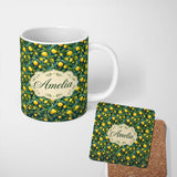 Personalized Custom Name Rich Blue Background with Vibrant Lemon Tree Branches Seamless 11oz Ceramic Coffee Tea Mug White Large Handle