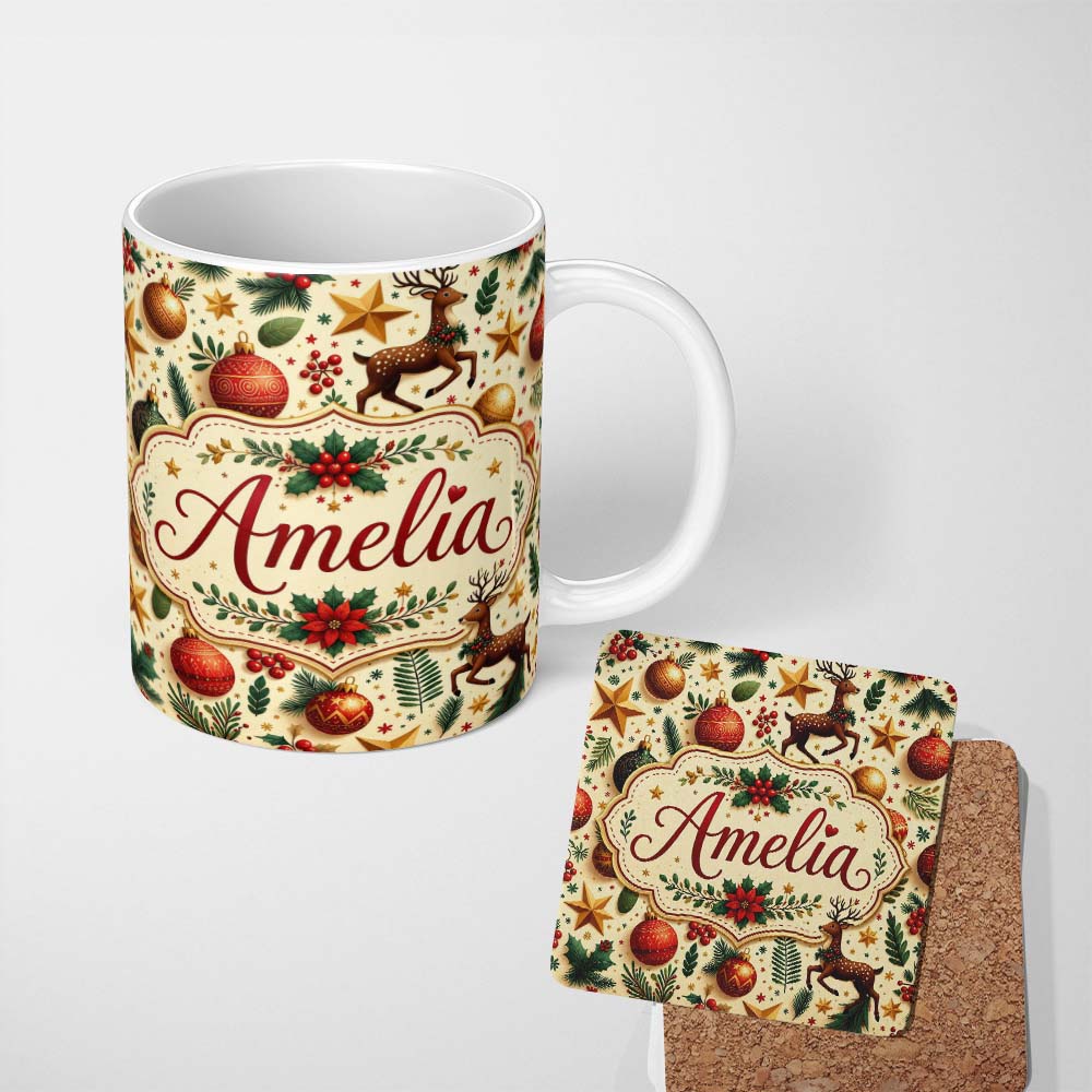 Personalized Custom Name Festive Christmas Reindeer Baubles Stars and Holly Berry Elements 11oz Ceramic Coffee Tea Mug White Large Handle