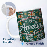 Personalized Custom Name Cute Green Nordic Christmas Tree Snowflake Gift Knitted Seamless 11oz Ceramic Coffee Tea Mug White Large Handle