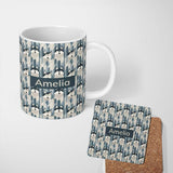 Personalized Custom Name Modern Minimal Husky Dogs Abstract Shapes Pattern Blue Grey Name 11oz Ceramic Coffee Tea Mug White Large Handle