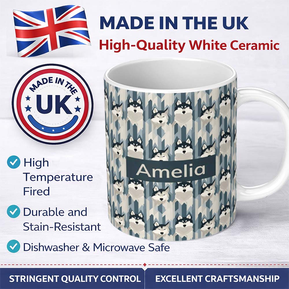 Personalized Custom Name Modern Minimal Husky Dogs Abstract Shapes Pattern Blue Grey Name 11oz Ceramic Coffee Tea Mug White Large Handle