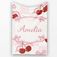 Cherry Bow Ribbon Cute Pink Gingham Picnic Check Seamless Pattern  Personalised Custom Name Super Soft Fleece Blanket Bed Sofa Throw