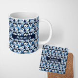 Personalized Custom Name Blue Tone Husky Dog Faces Seamless Repeat Pattern Stylish Design 11oz Ceramic Coffee Tea Mug White Large Handle