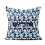 Custom Name Blue Tone Husky Faces Seamless Repeat Pattern Design Square Filled Cushion Throw Pillow Sofa Bed Home Decor Zip Washable UK Made