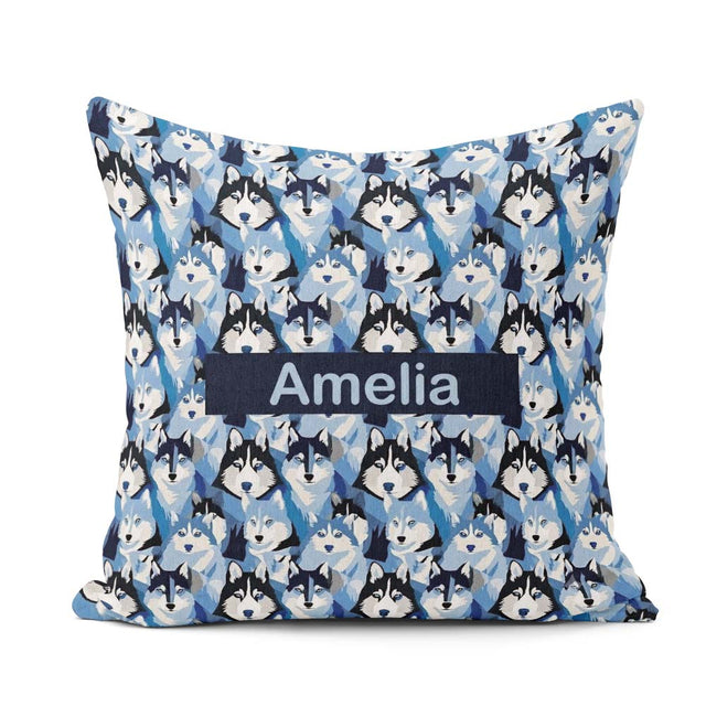 Custom Name Blue Tone Husky Faces Seamless Repeat Pattern Design Square Filled Cushion Throw Pillow Sofa Bed Home Decor Zip Washable UK Made