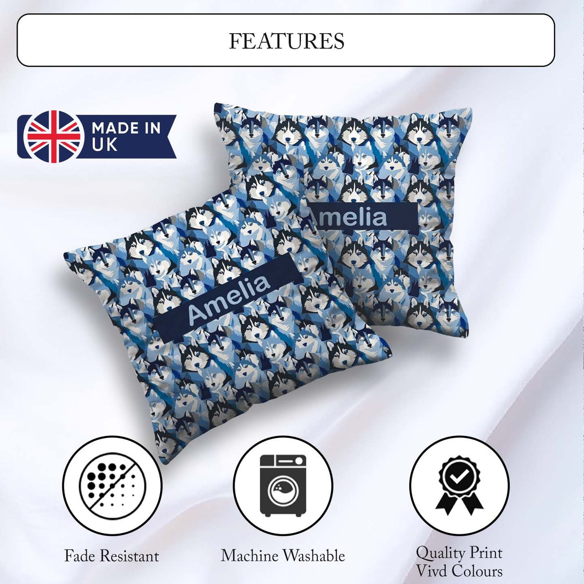 Custom Name Blue Tone Husky Faces Seamless Repeat Pattern Design Square Filled Cushion Throw Pillow Sofa Bed Home Decor Zip Washable UK Made