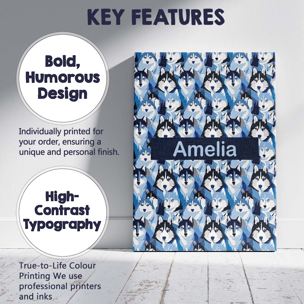Personalised Name Blue Tone Husky Dog Faces Custom  Bespoke Interior Contemporary Canvas Wall Art Print Decor Picture Ready to Hang
