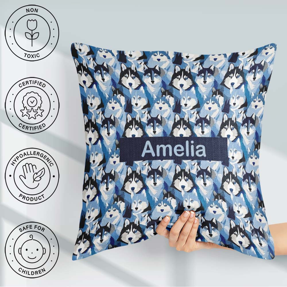 Custom Name Blue Tone Husky Faces Seamless Repeat Pattern Design Square Filled Cushion Throw Pillow Sofa Bed Home Decor Zip Washable UK Made