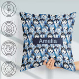 Custom Name Blue Tone Husky Faces Seamless Repeat Pattern Design Square Filled Cushion Throw Pillow Sofa Bed Home Decor Zip Washable UK Made