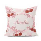 Custom Name Cherry Bow Ribbon Pink Gingham Picnic Check Seamless Square Filled Cushion Throw Pillow Sofa Bed Home Decor Zip Washable UK Made