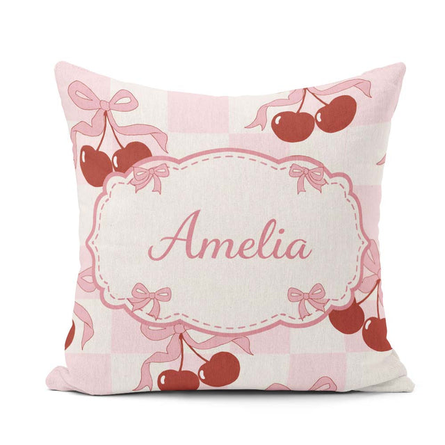 Custom Name Cherry Bow Ribbon Pink Gingham Picnic Check Seamless Square Filled Cushion Throw Pillow Sofa Bed Home Decor Zip Washable UK Made