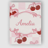 Personalised Name Cherry Bow Ribbon Cute Pink Gingham Picnic Check Custom  Unique Canvas Wall Art Print Decor Picture Ready to Hang