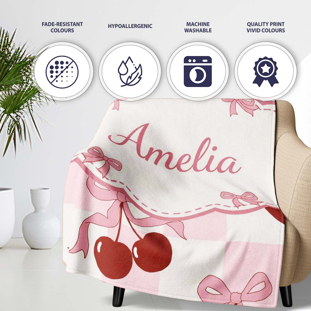 Cherry Bow Ribbon Cute Pink Gingham Picnic Check Seamless Pattern  Personalised Custom Name Super Soft Fleece Blanket Bed Sofa Throw